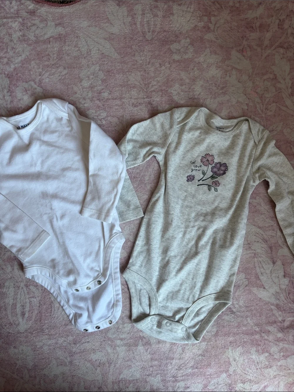 Old Navy White Bodysuit, Heather Gray Floral Top & Purple Set